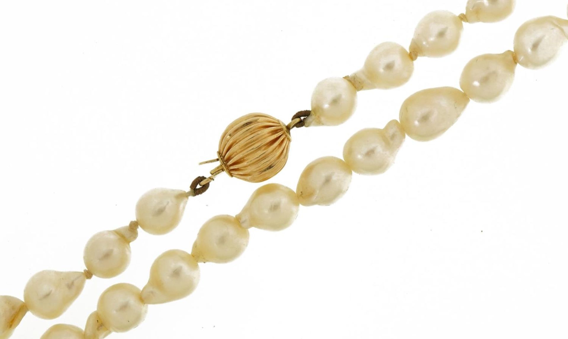 Freshwater pearl single strand necklace with 14k gold ball clasp housed in a Mackintosh Inspired