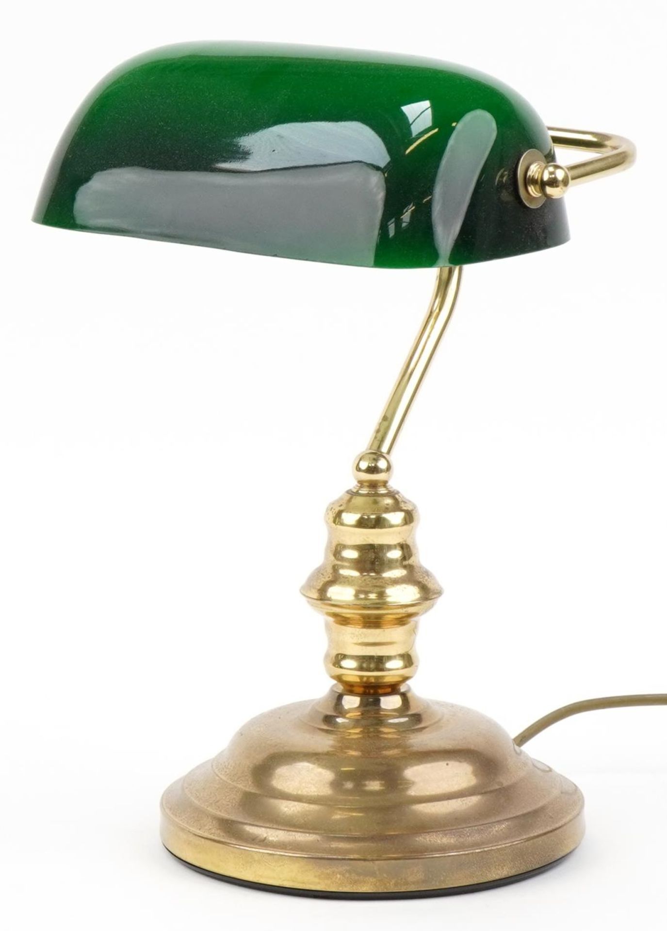 Brass banker's lamp with green glass shade, 36cm high : For further information on this lot please