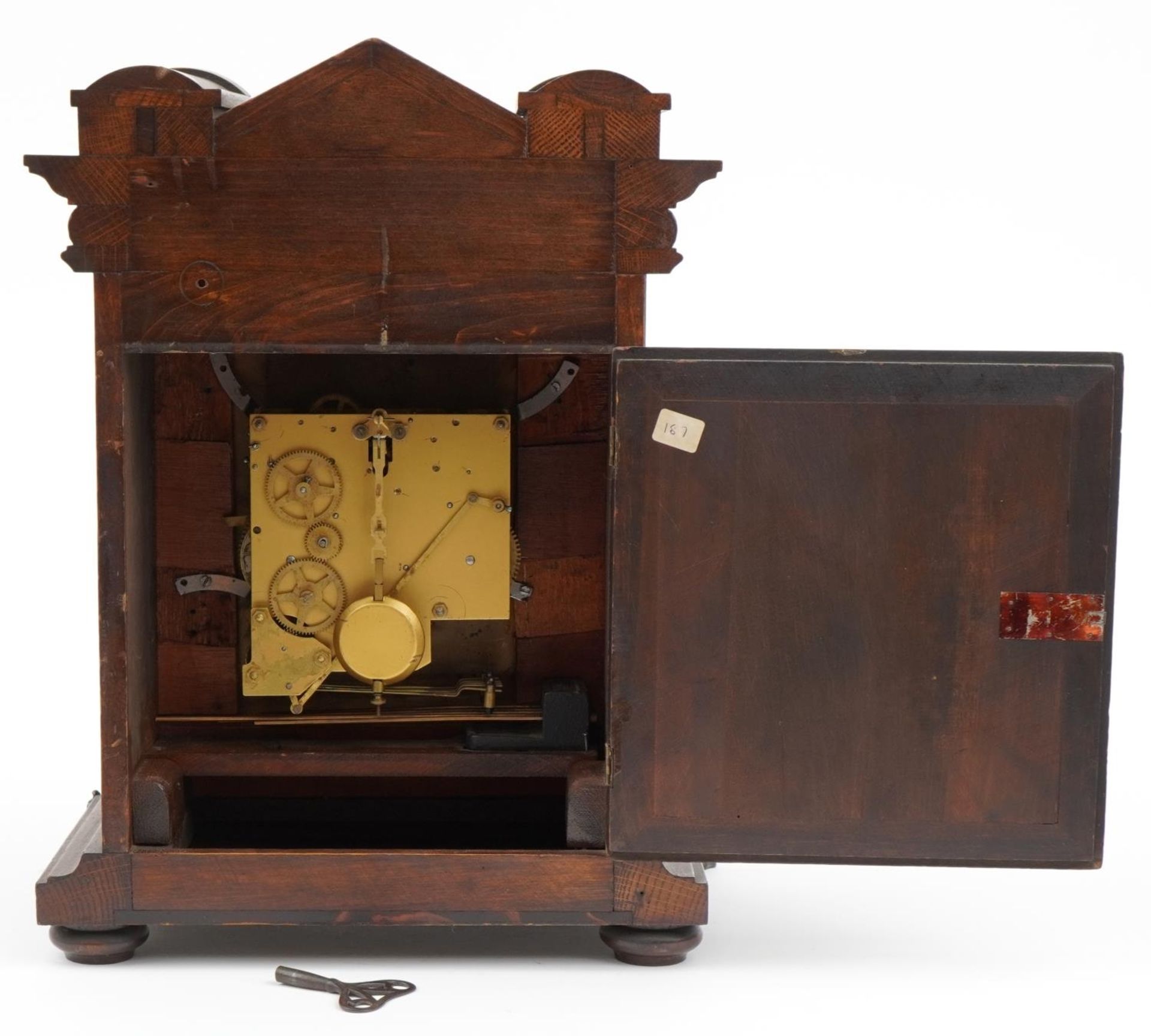 19th century oak bracket clock striking on five rods with Westminster chime, with Corinthian - Image 4 of 5