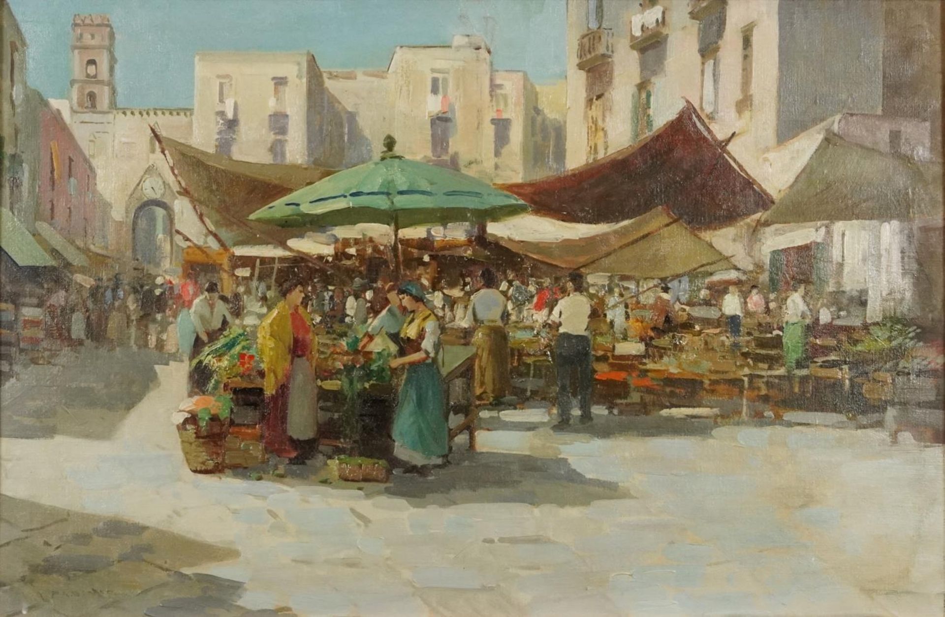Continental market scenes before buildings, pair of oil on canvasses, one indistinctly signed, - Image 6 of 9