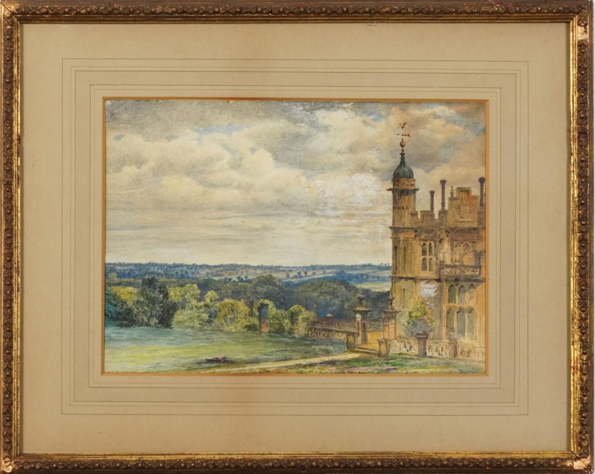 View of Knebworth House, English school heightened watercolour, mounted, framed and glazed, 24cm x - Image 2 of 3