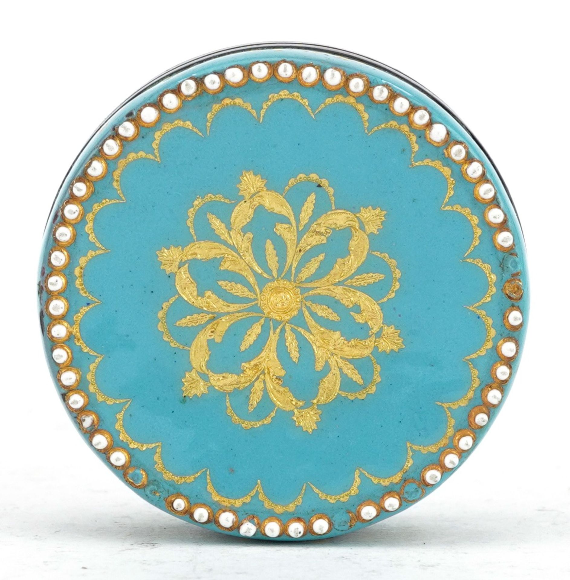 19th century French silver mounted enamel jewelled patch box hand painted with flowers, 4cm in - Bild 4 aus 4
