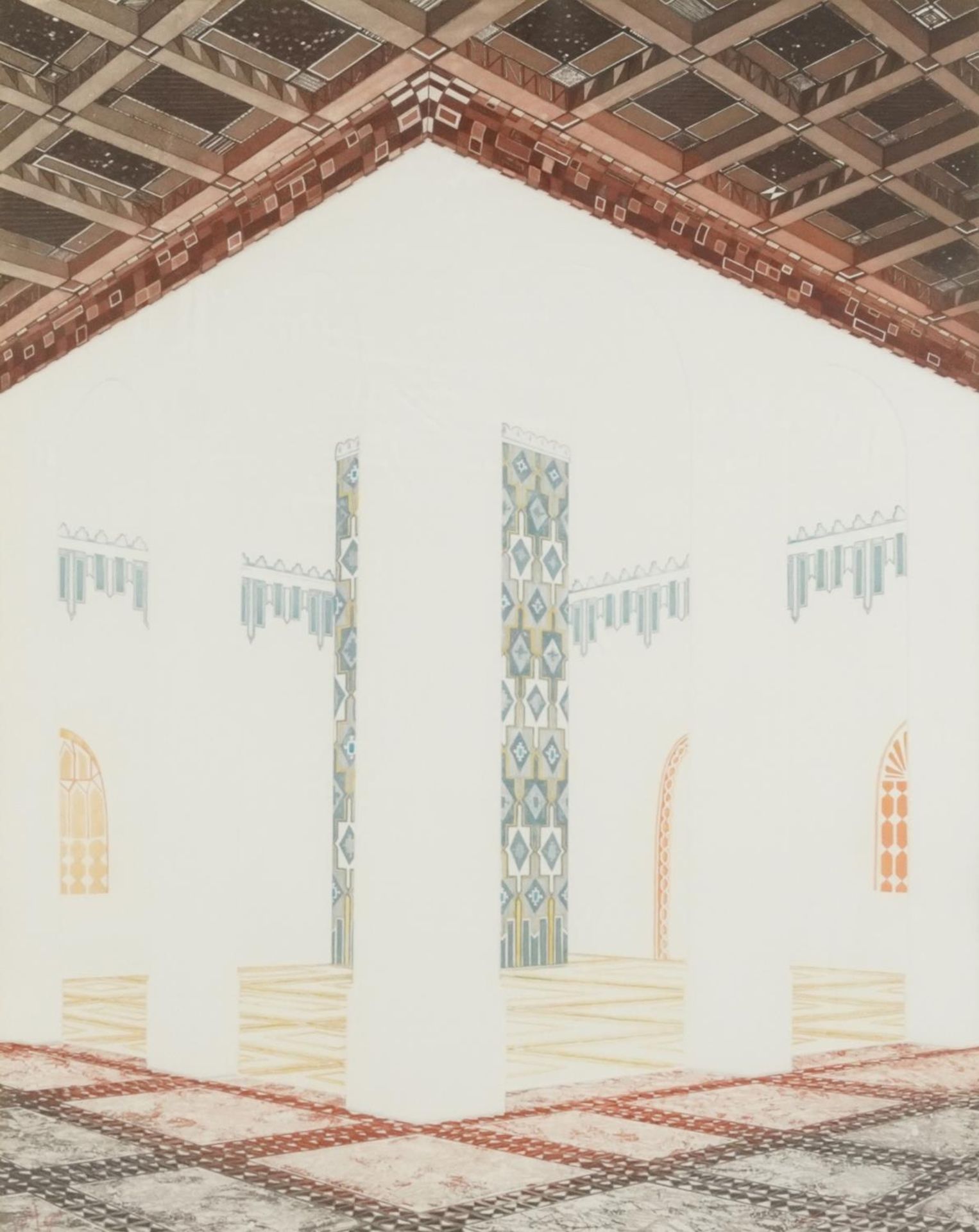 Rima Farah - Geometric interior scene, etching in colour, details verso, mounted, framed and glazed,