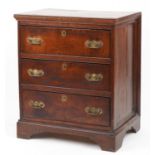 Antique mahogany three drawer chest with brass handles on bracket feet, 42cm H x 69cm W x 47.5cm D :