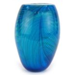 Murano style white cased blue and green art glass vase with combed decoration, 22.5cm high : For