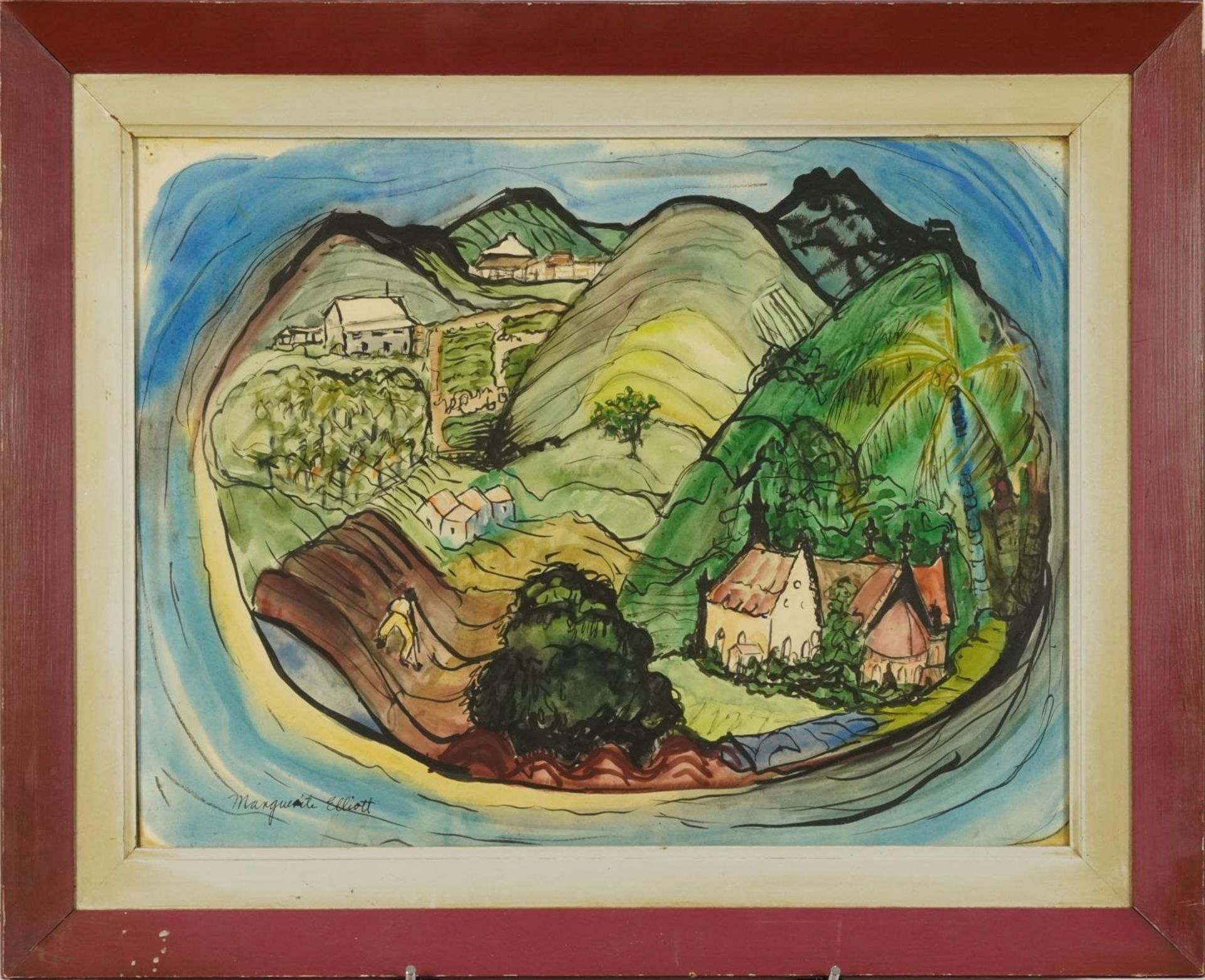 Marguerite Elliott - Surreal landscape with buildings and mountains, ink and watercolour, mounted, - Image 2 of 4