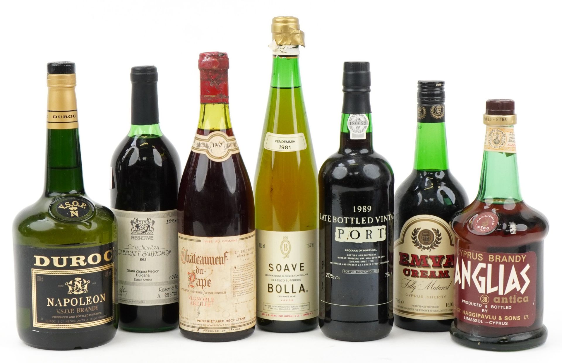 Seven bottles of alcohol including Napoleon brandy, 1967 Chateauneuf Du Pape and 1983 Cabernet