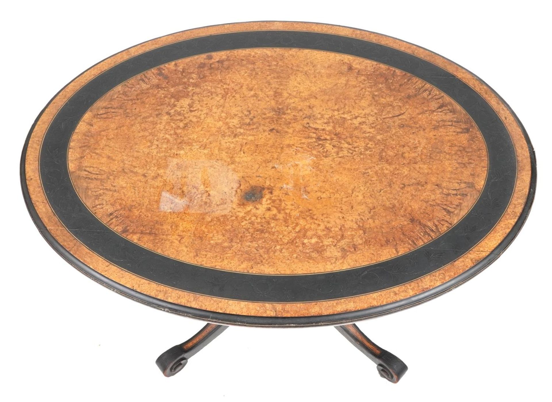 Victorian aesthetic burr walnut and ebonised tilt top table carved with flowers amongst scrolling - Image 3 of 6