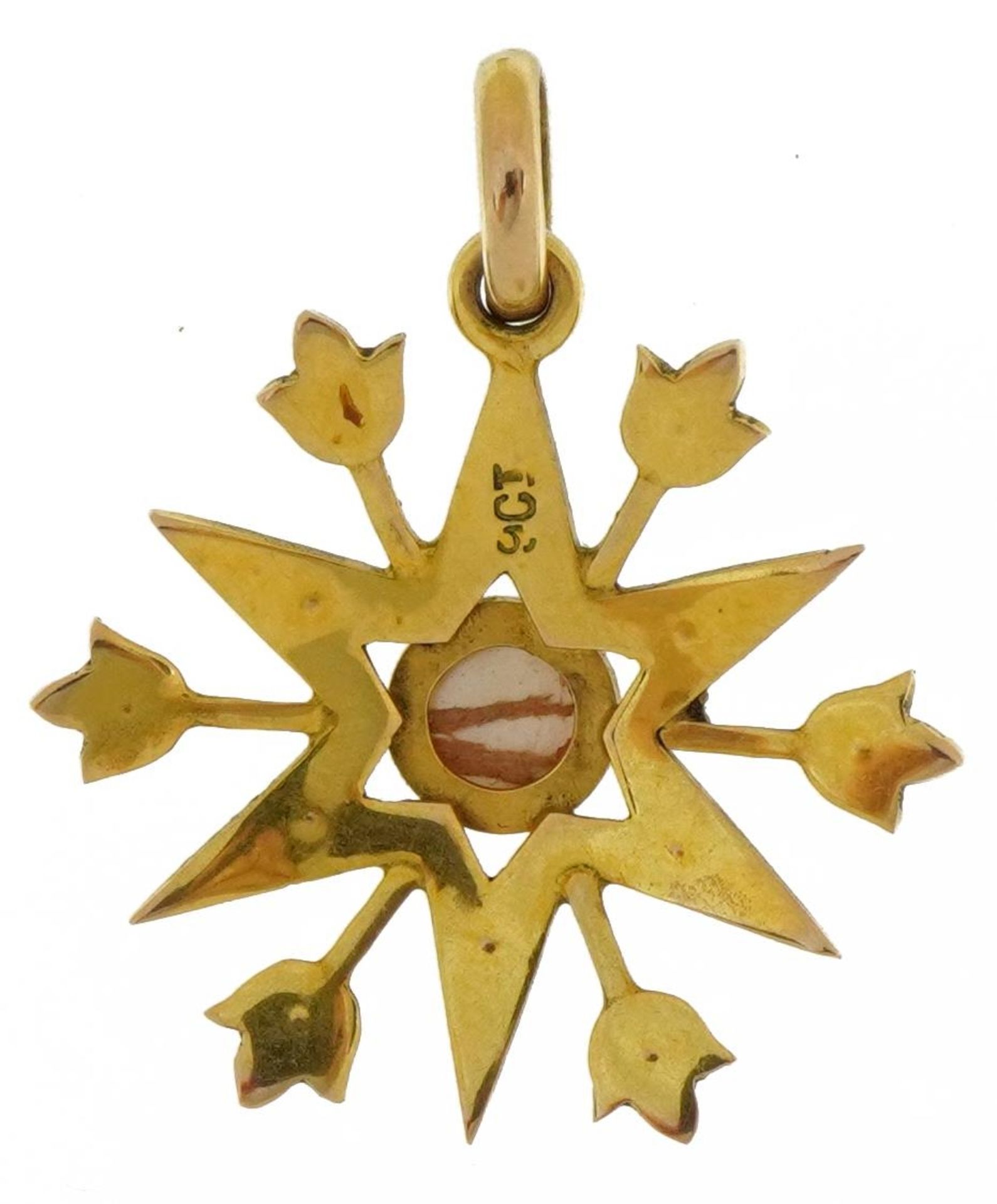 Edwardian 9ct gold mother of pearl and seed pearl starburst pendant housed in a tooled leather - Image 2 of 4
