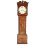 Antique mahogany grandfather clock with painted dial having Roman numerals and two subsidiary dials,