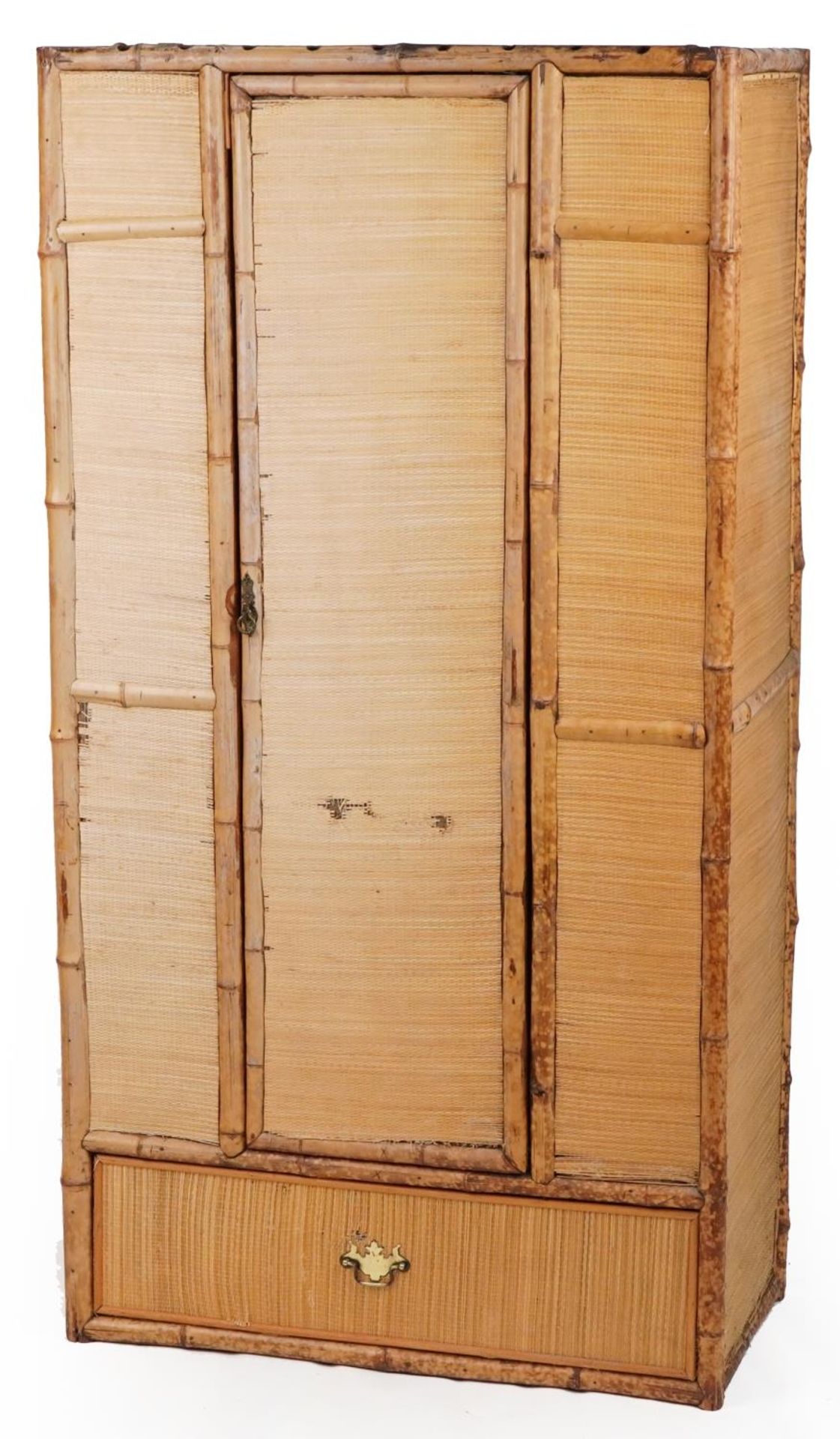 Victorian aesthetic bamboo and hessian style wardrobe with Japanned interior embossed C P