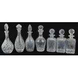 Seven cut glass and crystal decanters with stoppers, the largest 30cm high : For further information