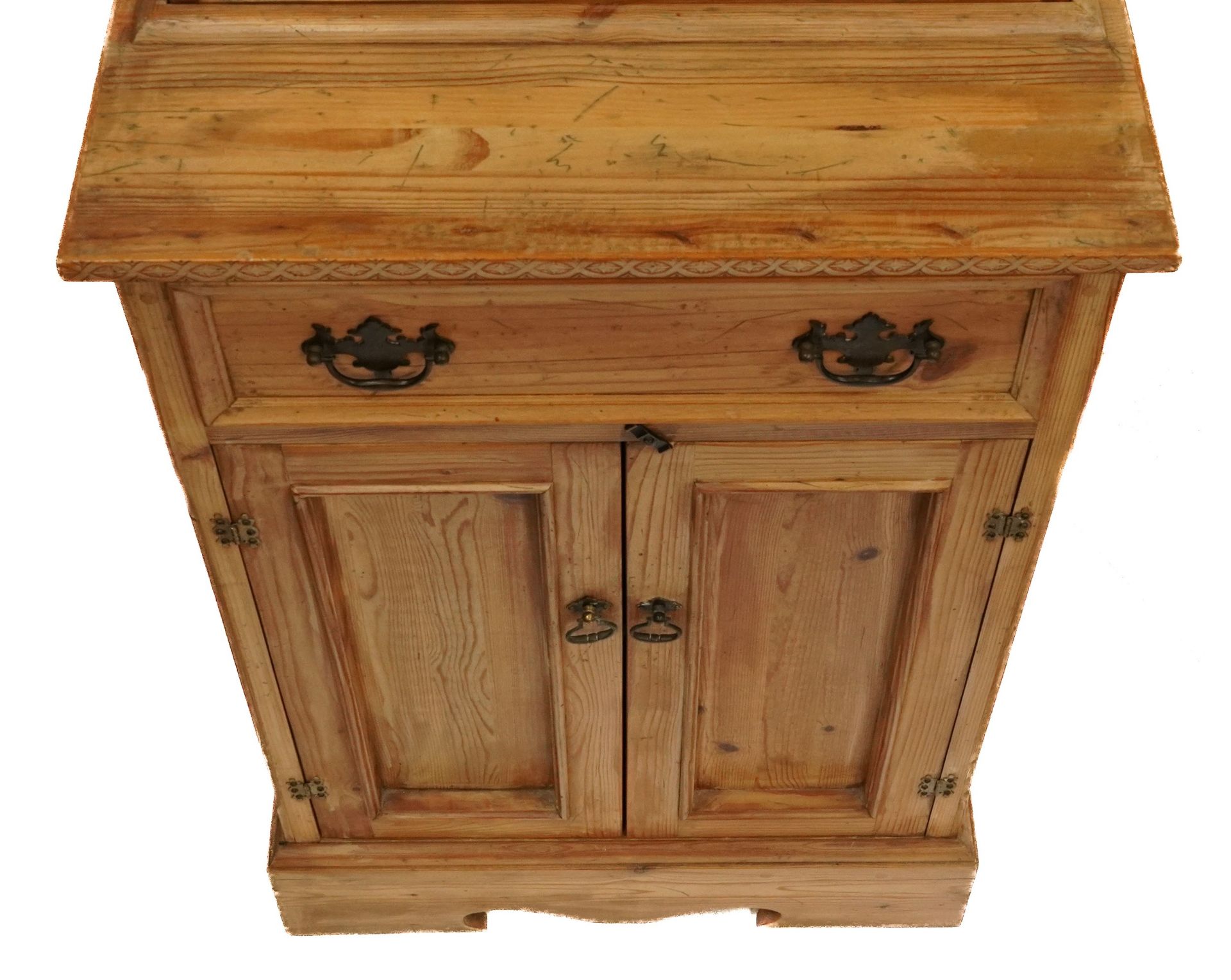 Slim pine dresser with glazed door above drawer and pair of cupboard doors, 183cm H x 61cm W x 38. - Image 2 of 3