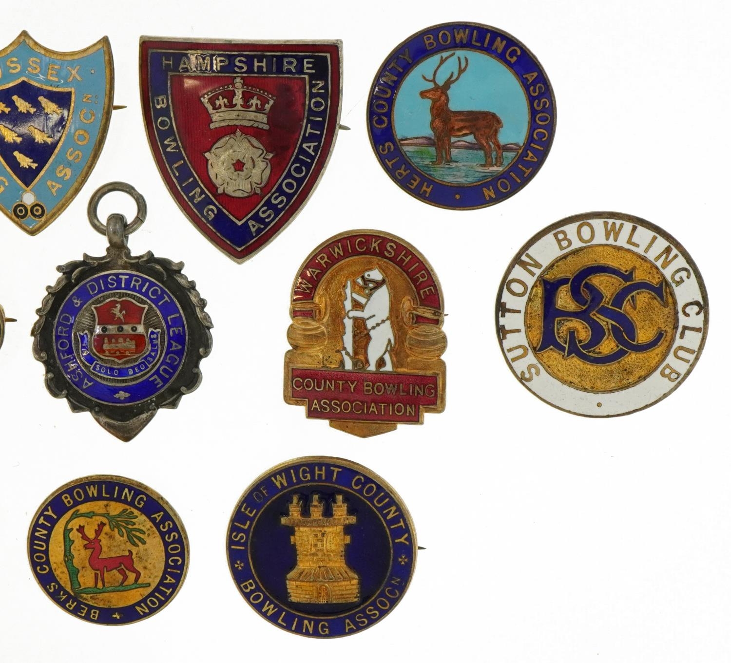 Bowling enamel pin badges and a silver and enamel jewel including Sussex Bowling Association and - Image 3 of 4