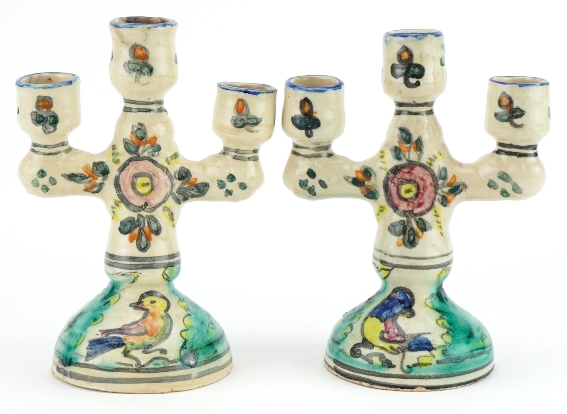 Pair of Turkish pottery three branch candelabras hand painted with birds and flowers, 19cm high : - Image 2 of 4