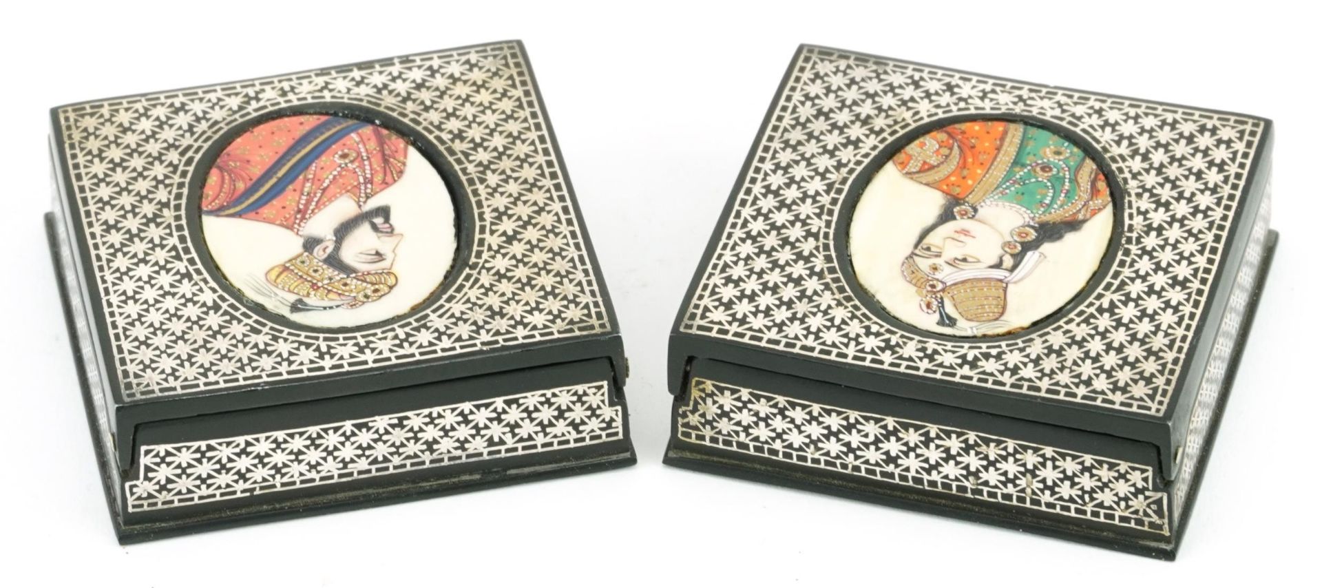 Pair of Indian Bidriware boxes with hinged lids having inset hand painted portrait panels, each - Image 3 of 4