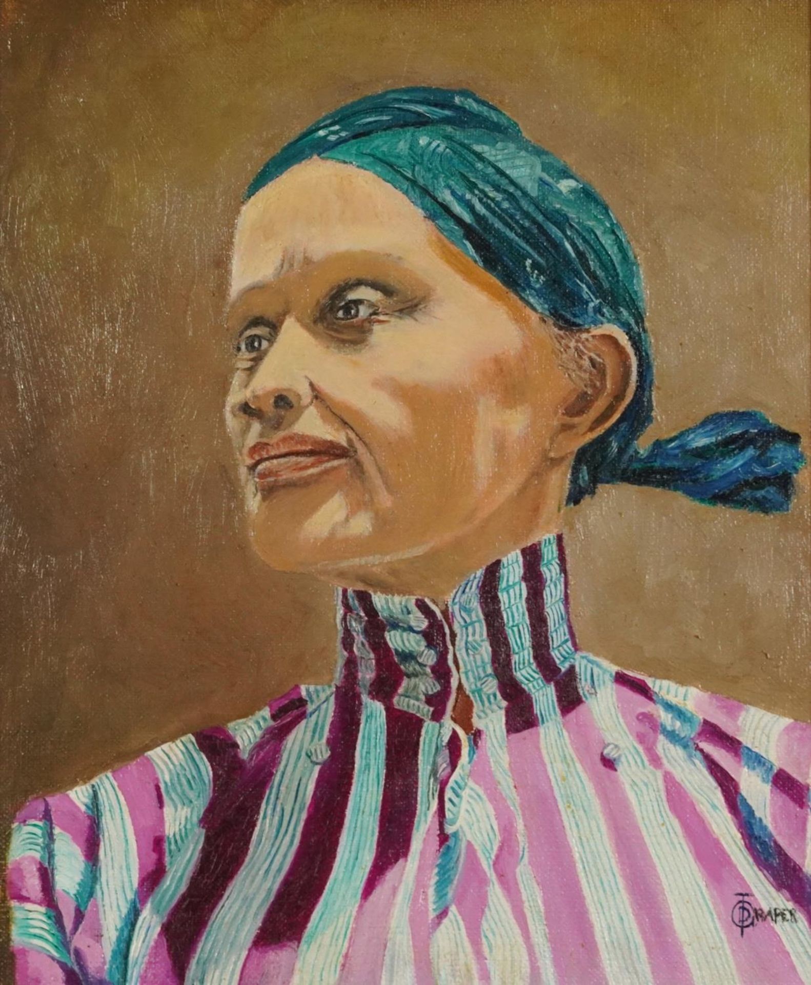Head and shoulders portrait of a female wearing a headscarf and blouse, oil on canvas,