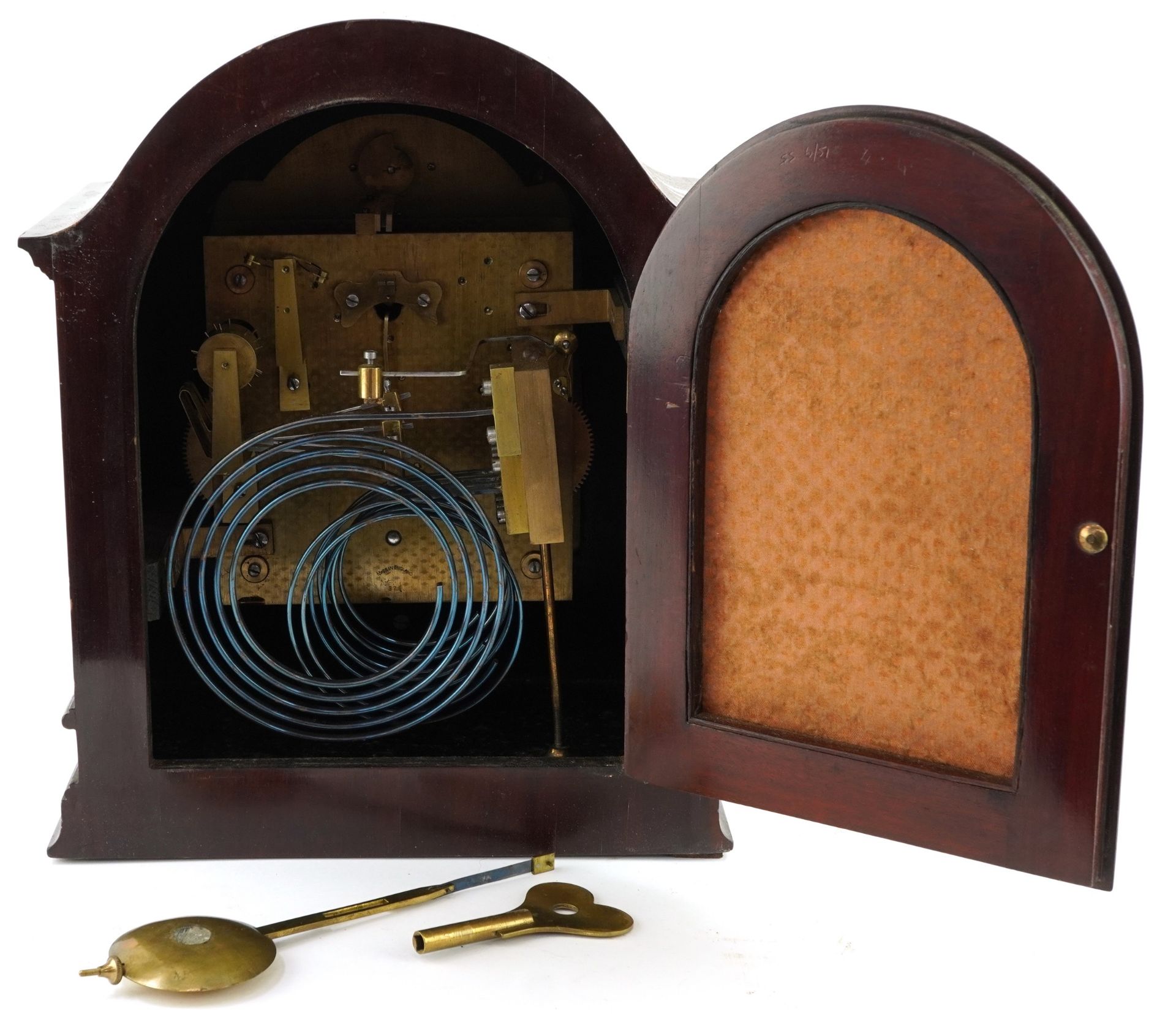 Mahogany bracket clock striking on four rods and a gong with barley twist columns and foliate - Image 4 of 5