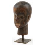 18th/19th century European treen hat or wig stand raised on later bronze stand, overall 40cm