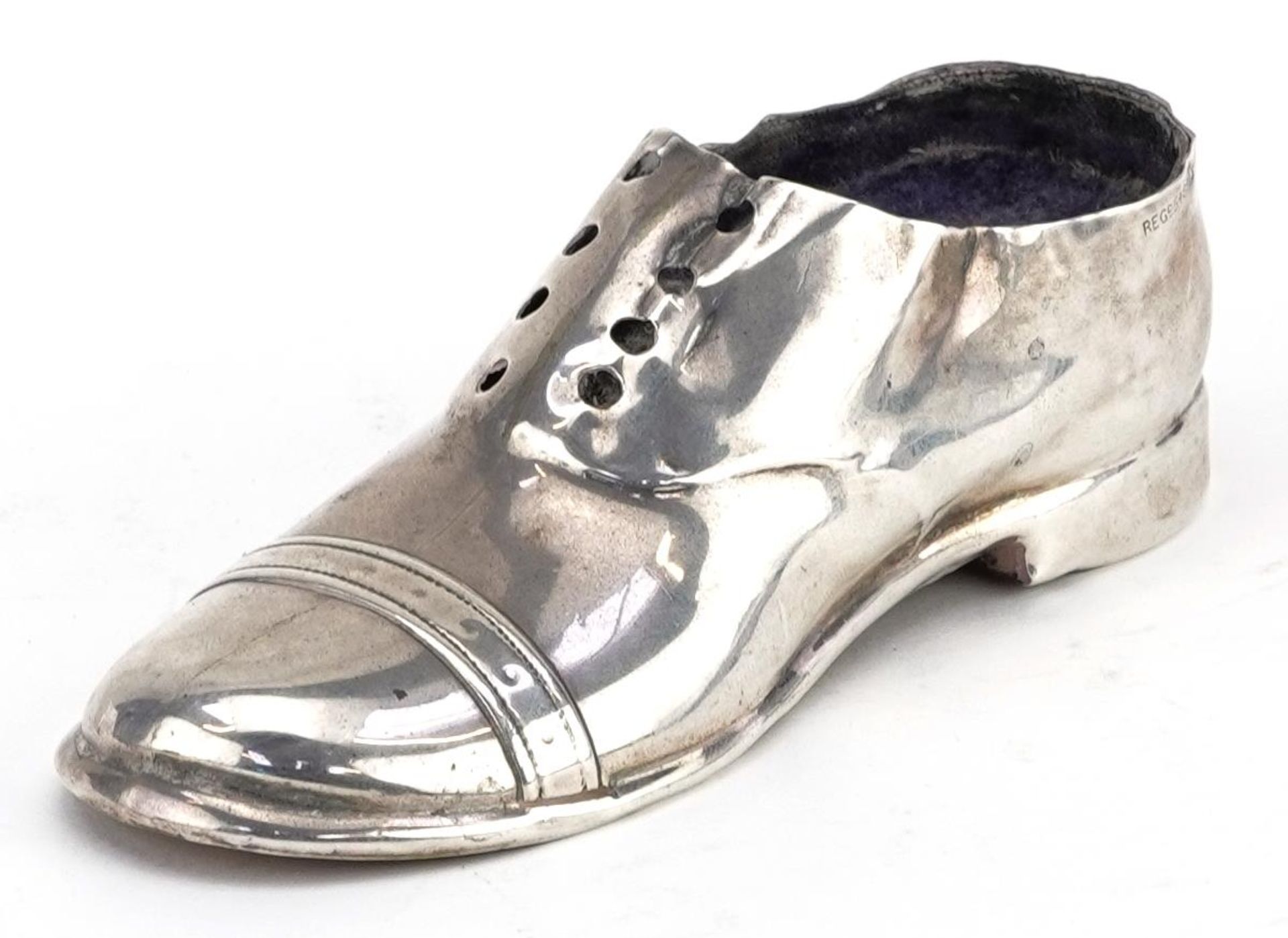 S Blanckensee & Son Ltd, large Edwardian silver and oak pin cushion in the form of a shoe, Chester