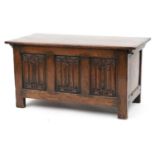 Carved oak linen fold blanket box, 47.5cm H x 91cm W x 41.5cm D : For further information on this