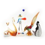 Art glassware including a Murano three colour bird and Venini style cockerel paperweight, the