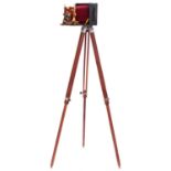 Victorian Sanderson mahogany camera model regular on later tripod, the camera 21cm x 20cm x 12cm