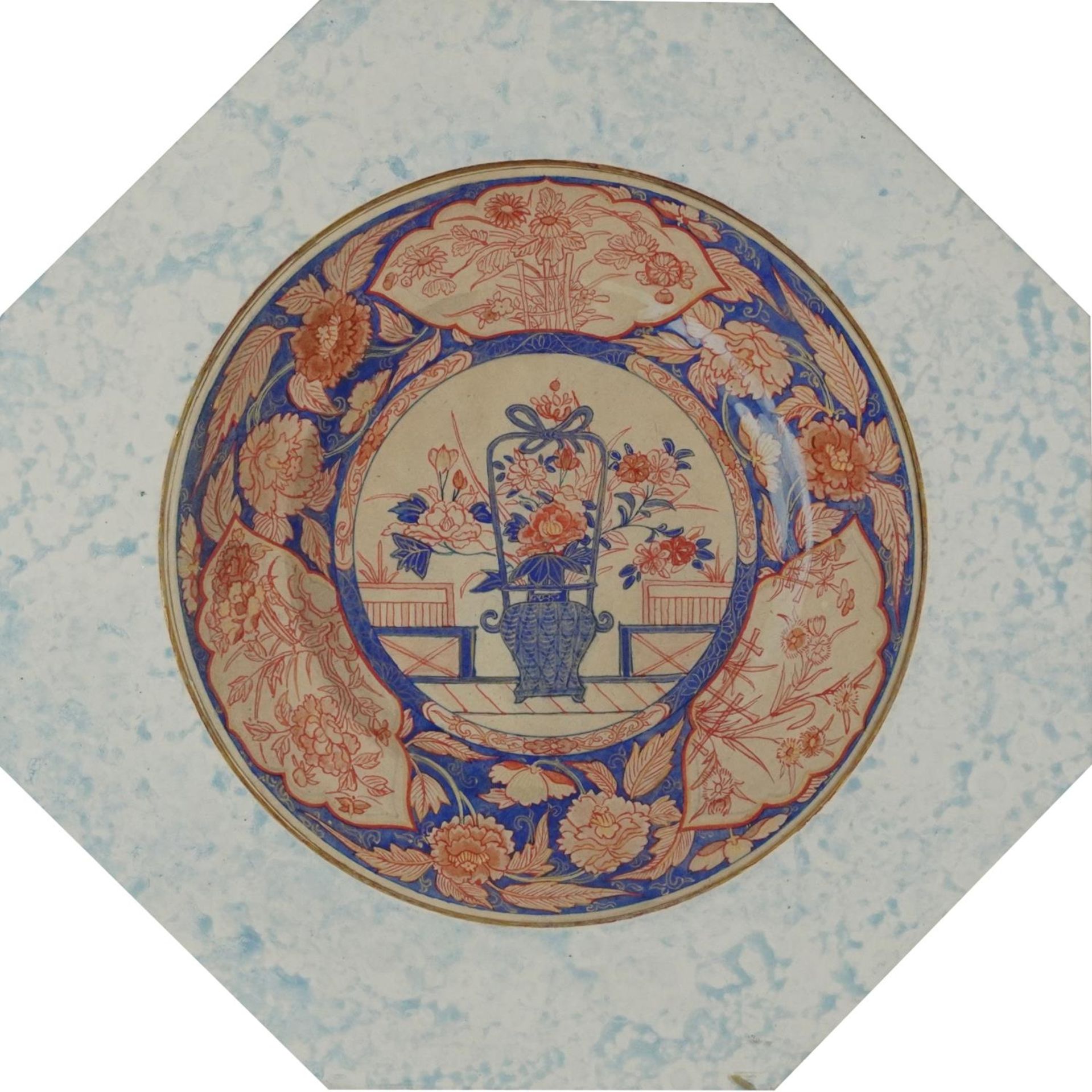 Pair of ink and watercolour circular plate designs housed in octagonal frames, each with Stephanie - Image 9 of 12