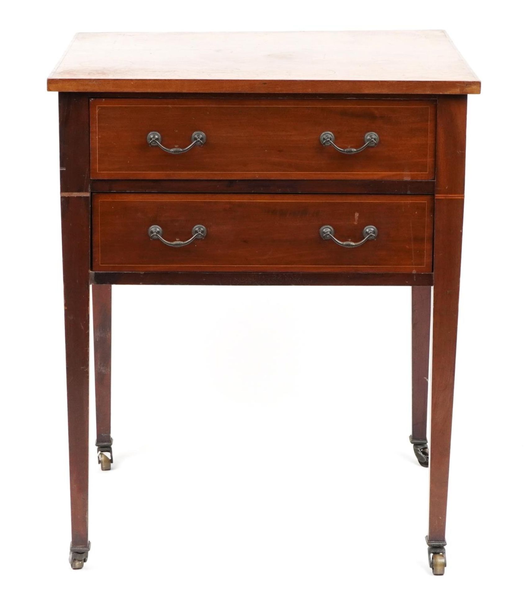 Jas Shoolbred & Co, Edwardian inlaid mahogany two drawer side table on tapering legs, 76cm H x - Image 2 of 6