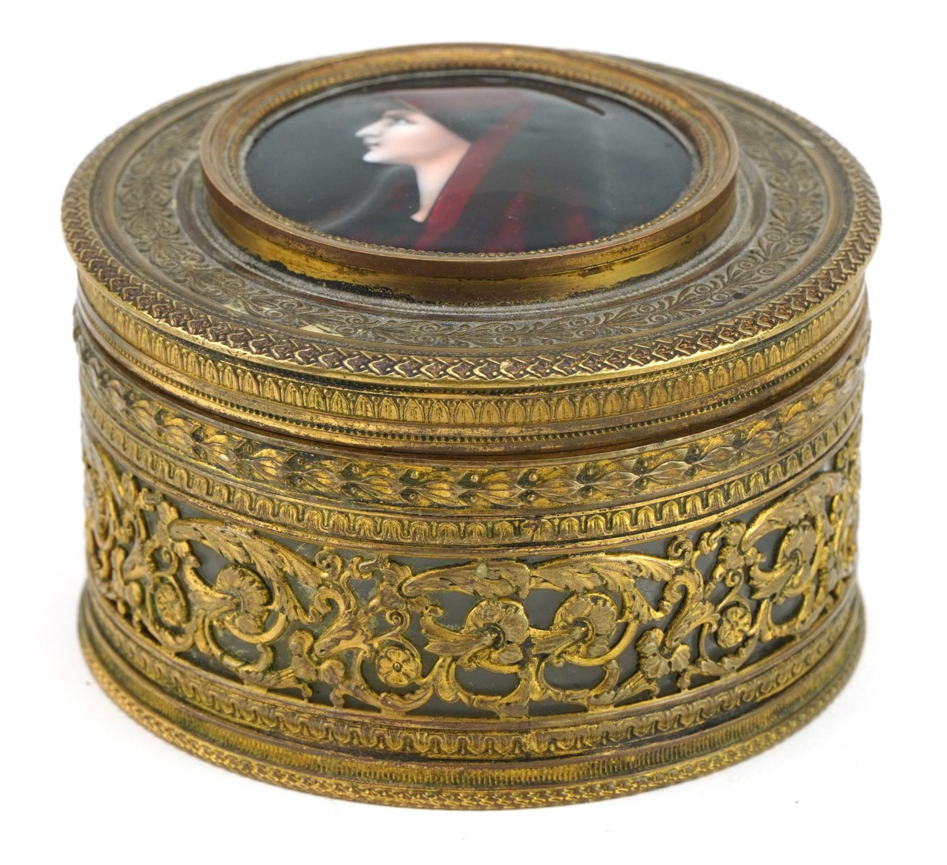 19th century French ornate brass box with hinged lid having Limoges enamelled panel hand painted