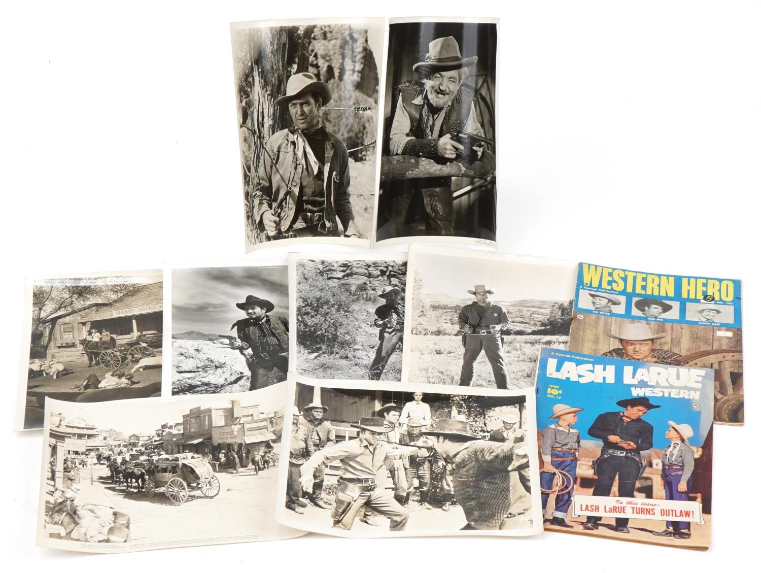Vintage western film lobby cards and two comics, some lobby cards with Fox Films stamps to the