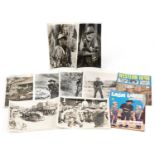 Vintage western film lobby cards and two comics, some lobby cards with Fox Films stamps to the