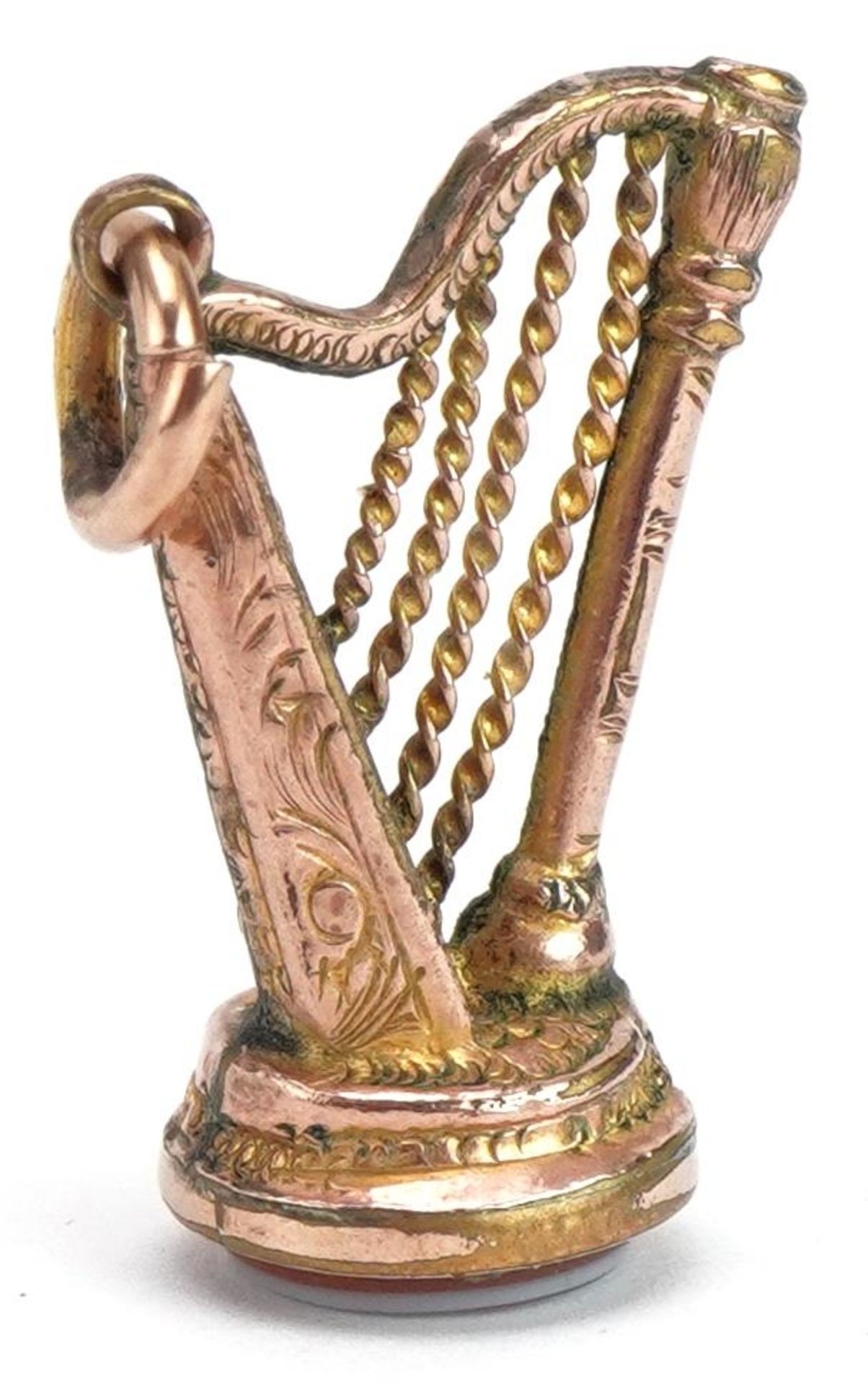 Unmarked rose gold hardstone seal fob in the form of a harp, 2.3cm high, 1.8g : For further - Image 2 of 3
