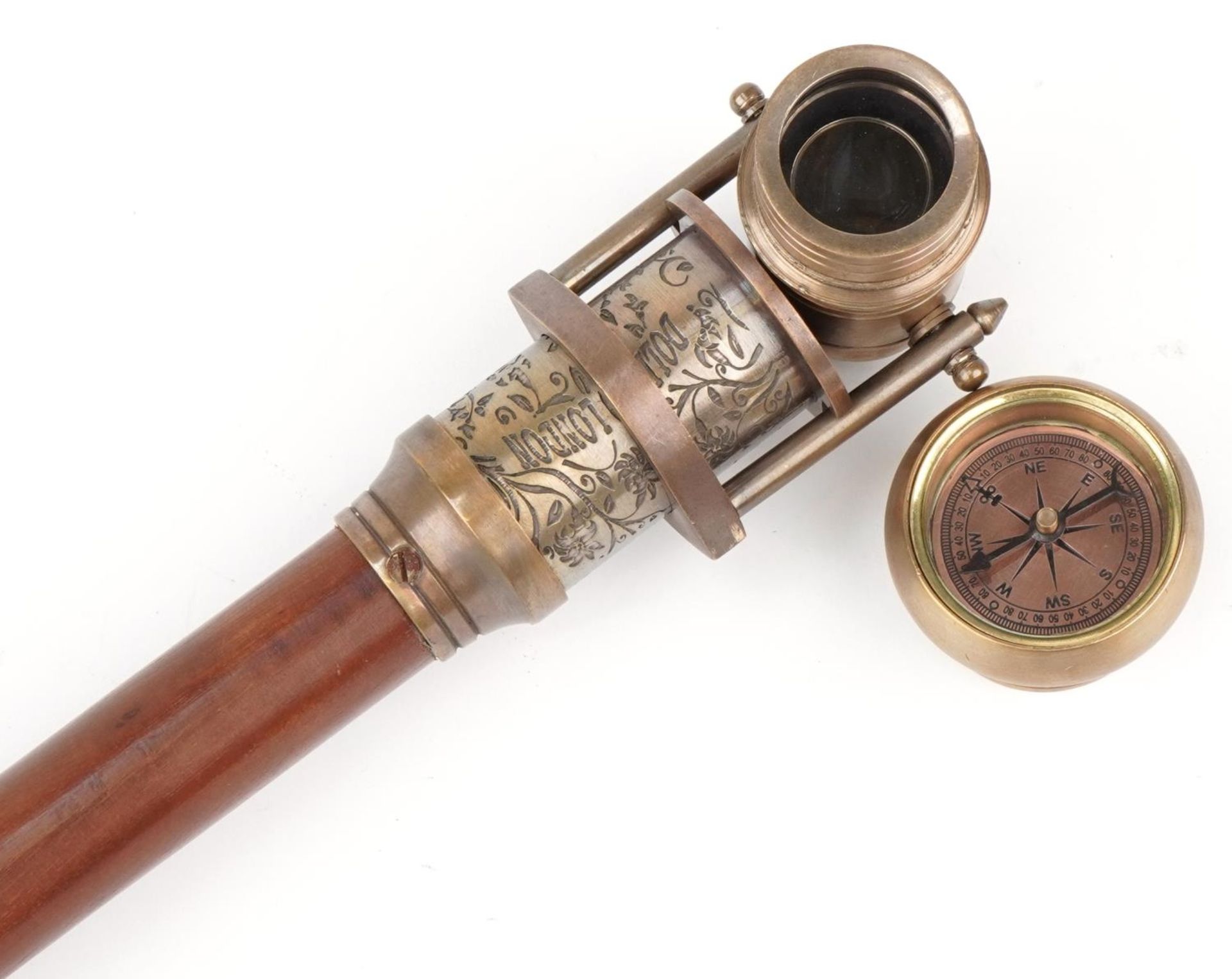 Hardwood walking stick with brass two draw telescope compass handle, 93cm in length : For further - Image 2 of 5