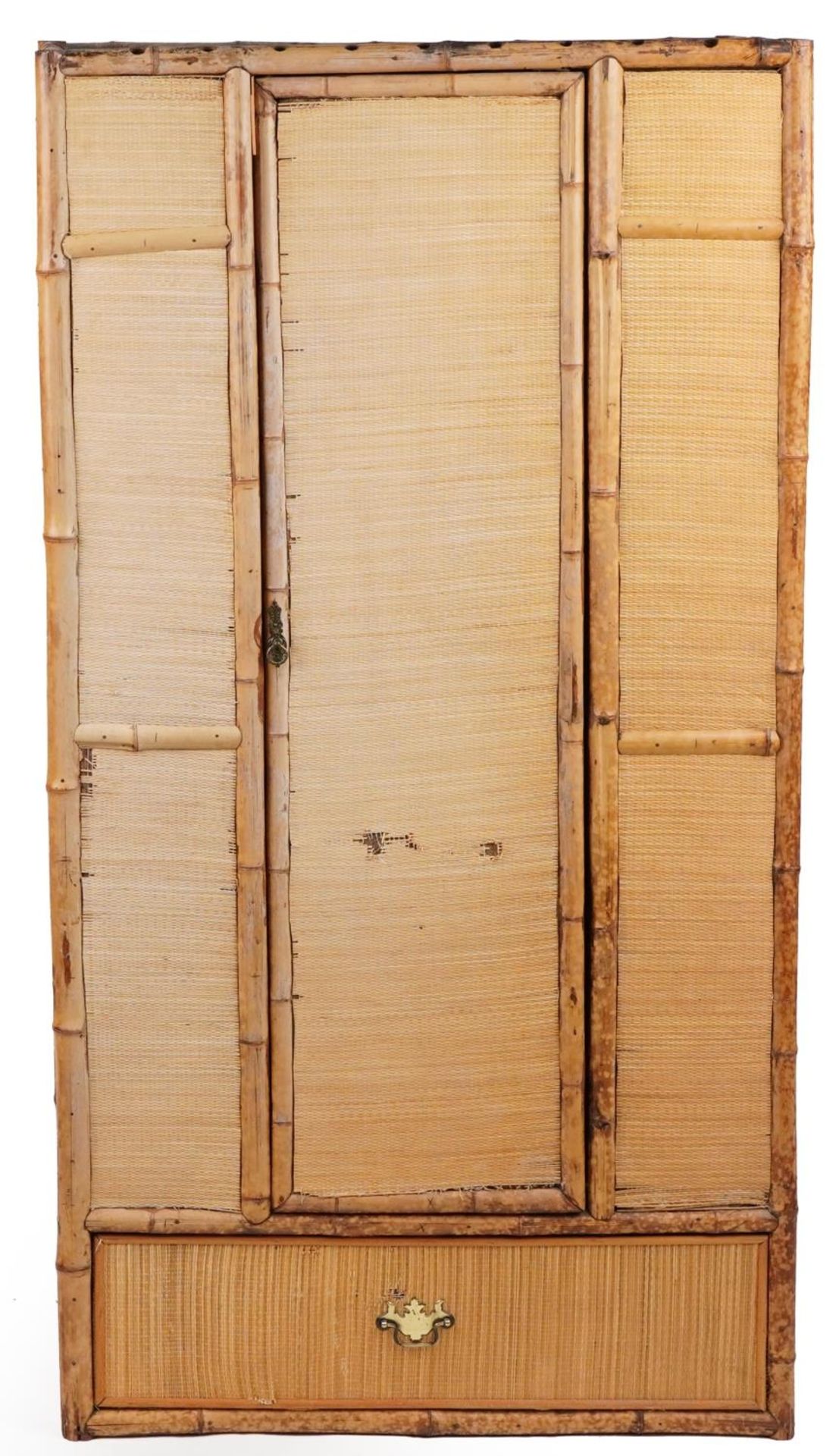 Victorian aesthetic bamboo and hessian style wardrobe with Japanned interior embossed C P - Image 2 of 5