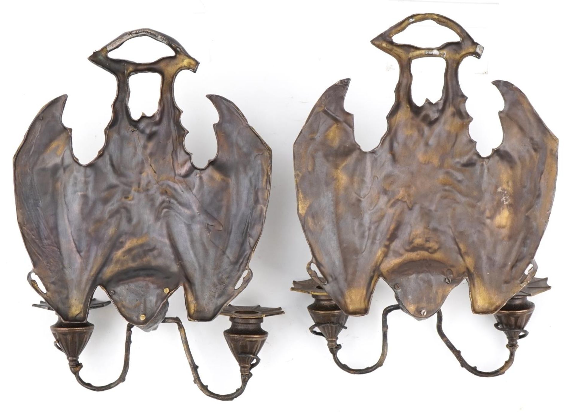 Pair of Art Nouveau style patinated bronze bat design wall sconces, 35cm high : For further - Image 2 of 3