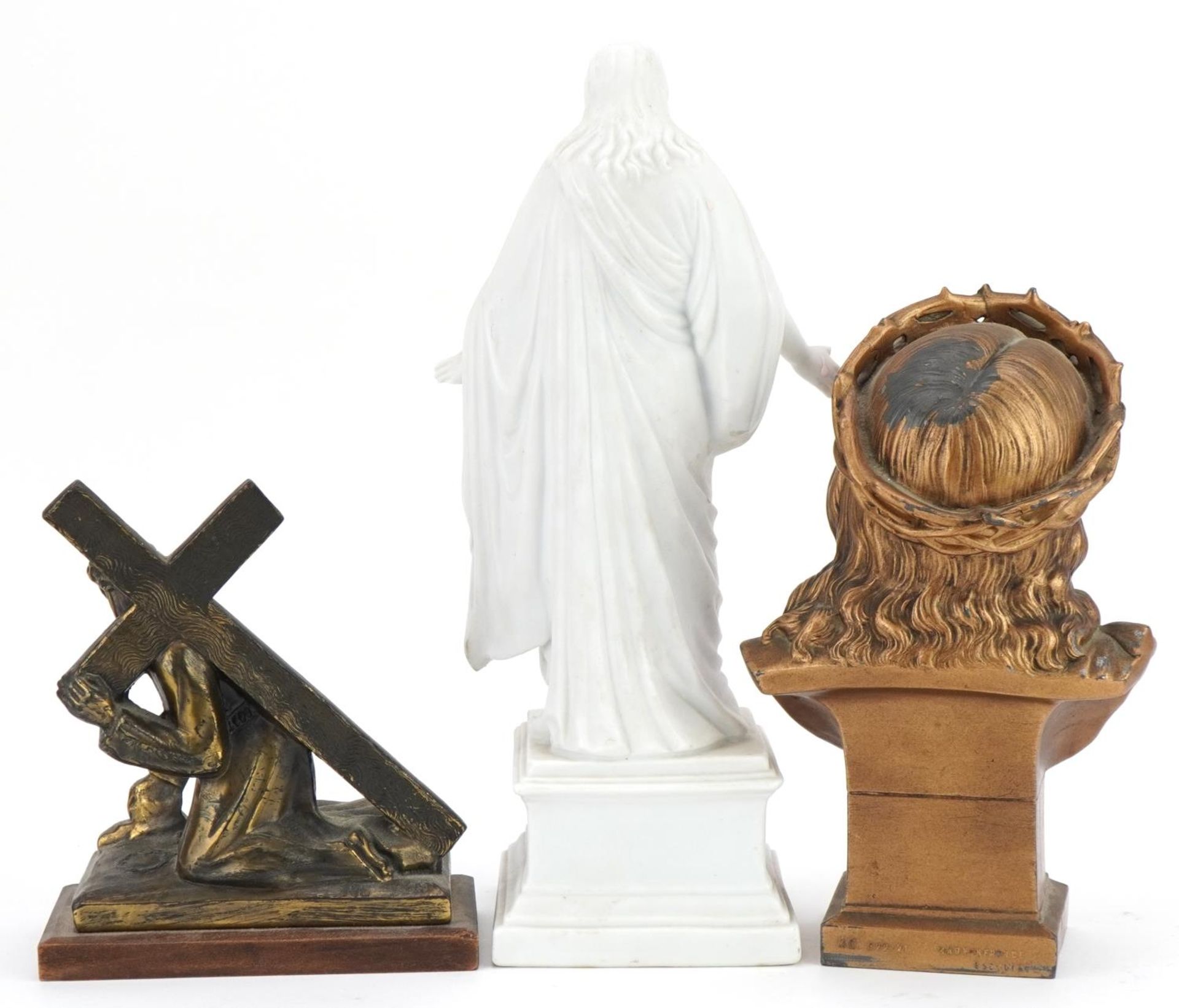 Parian style statue of Christ and two gilt metal examples including one of Christ wearing the - Image 2 of 5