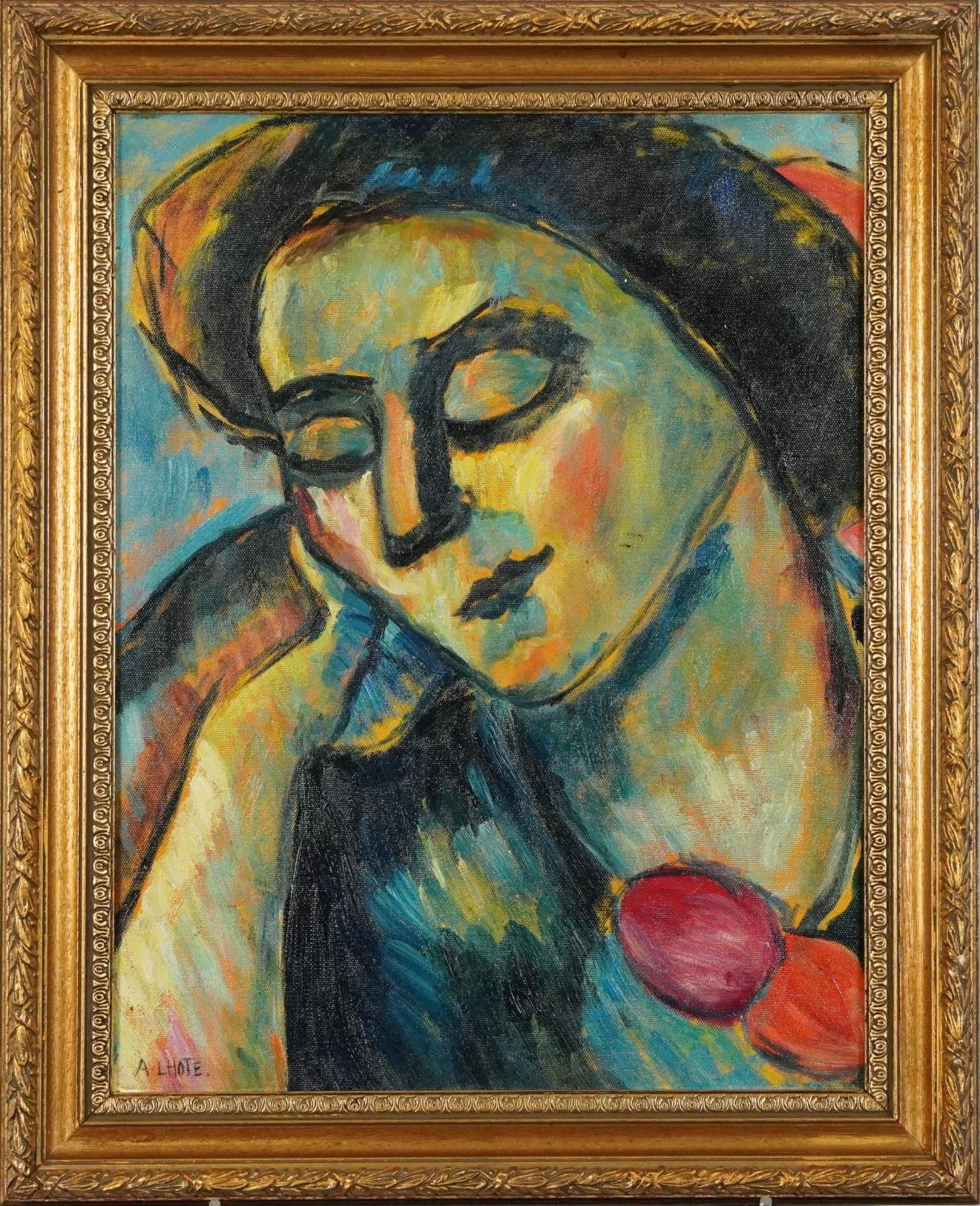 Manner of Andre Lhote - Portrait of a female, French school oil on board, mounted and framed, 45cm x - Image 2 of 6