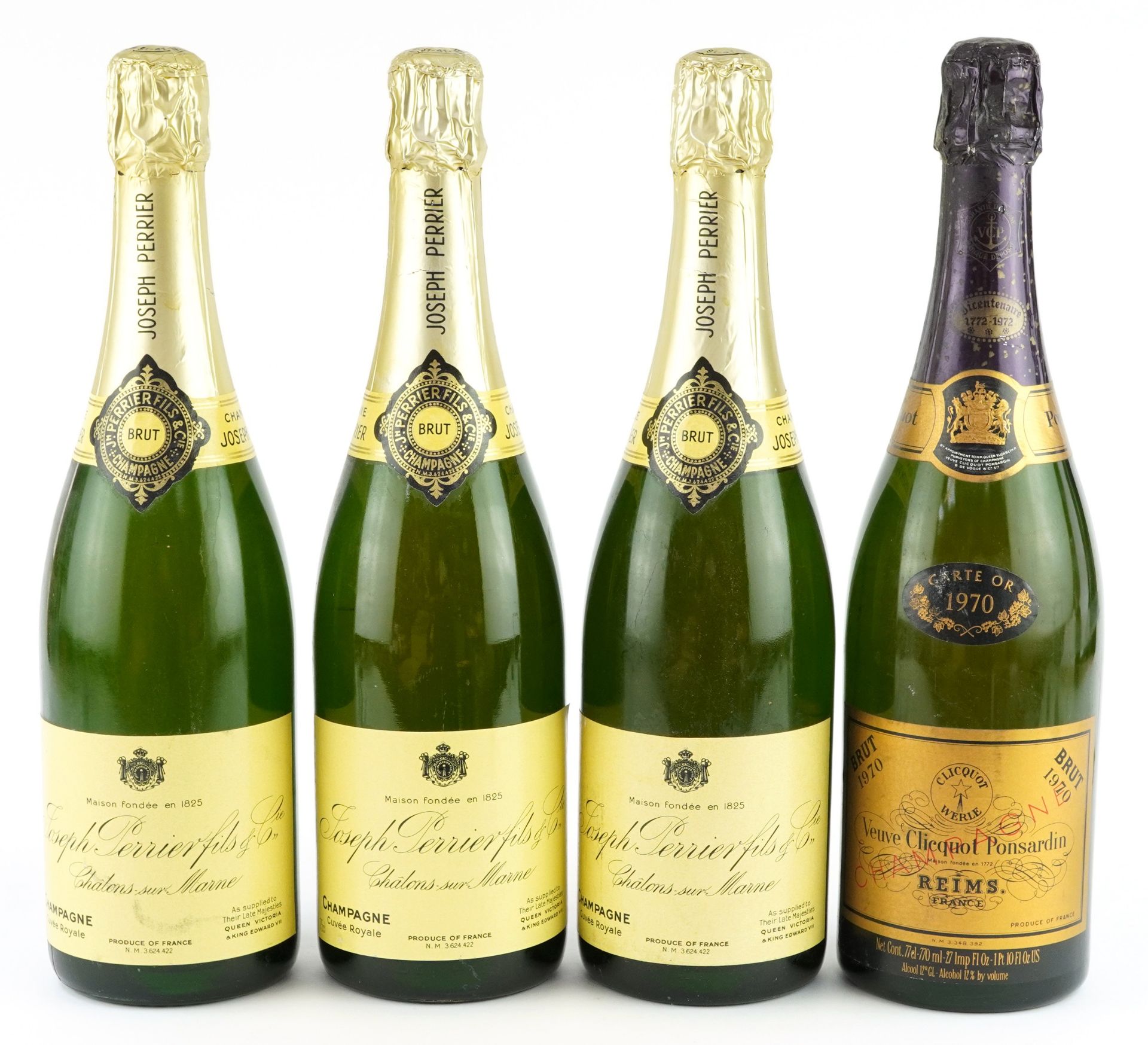Four bottles of champagne comprising three bottles of Joseph Perrier and a bottle of 1970 Veuve