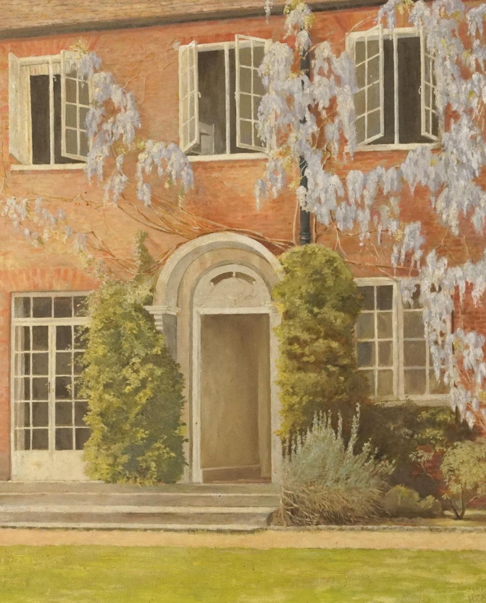 Red brick house with wisteria, Modern British oil on canvas, indistinctly monogrammed, possibly H