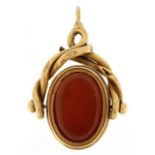 Unmarked gold bloodstone and carnelian spinner fob, tests as 9ct gold, 3.6cm high, 10.5g : For