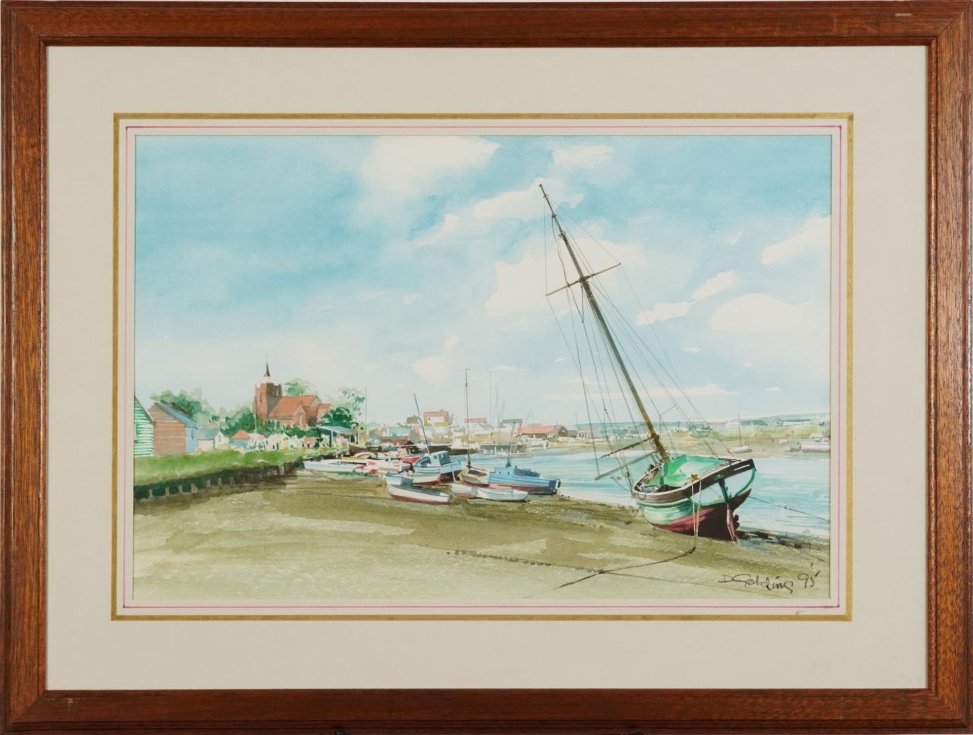 D Golding '95 - Harbour scene with moored fishing boats, watercolour, mounted, framed and glazed, - Image 2 of 4