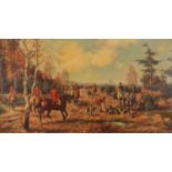 Hunting scene with huntsmen on horseback and hounds, oleograph on canvas, indistinctly signed,