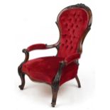 Victorian mahogany framed bedroom chair with red button back upholstery, 96cm high : For further