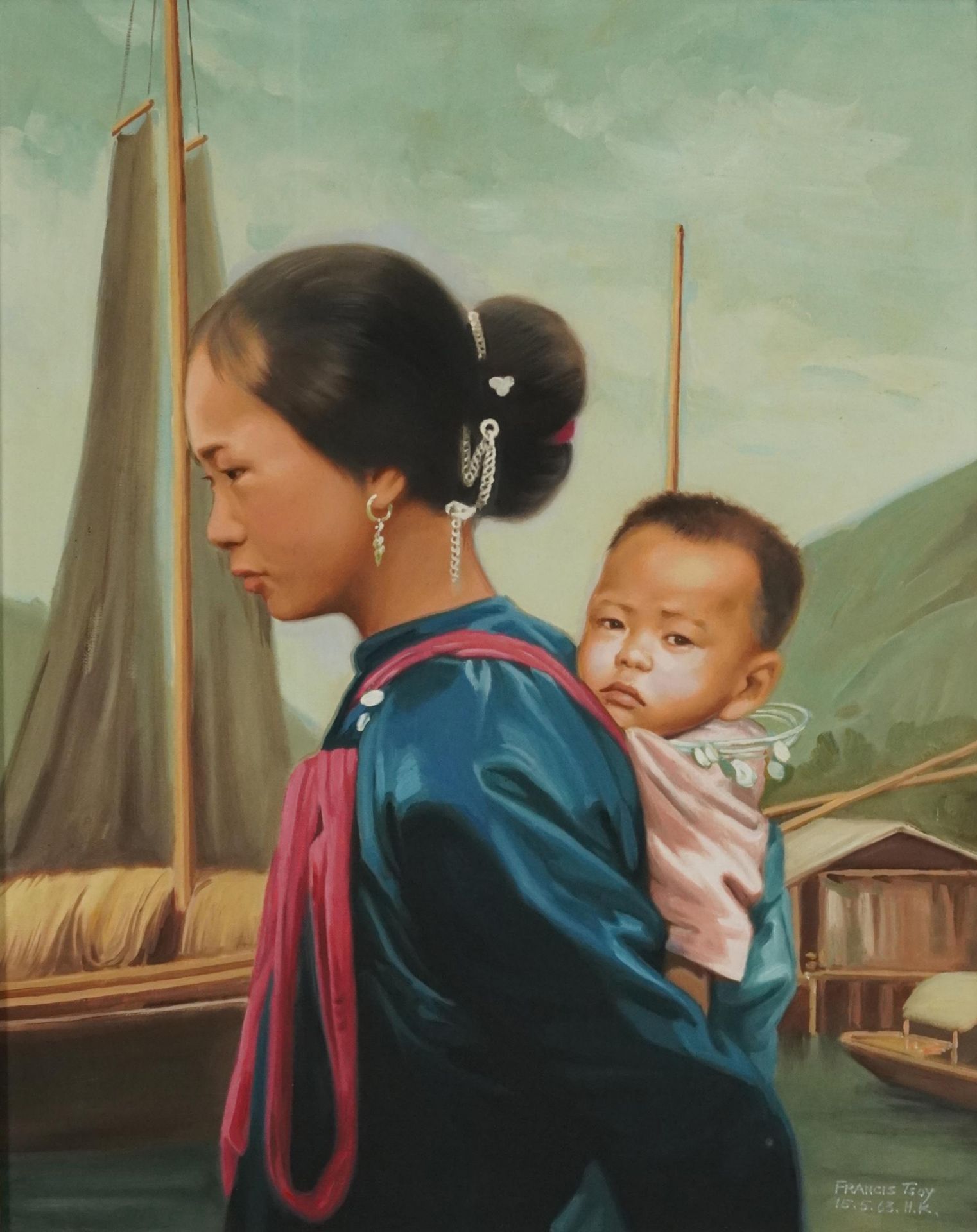 Francis Tsoy '63 - Mother and child before boats, 1960s Hong Kong oil on canvas, mounted and framed,