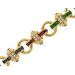 Franklin Mint, 14k gold tri-colour bracelet set with thirty two sapphires, thirty two emeralds,