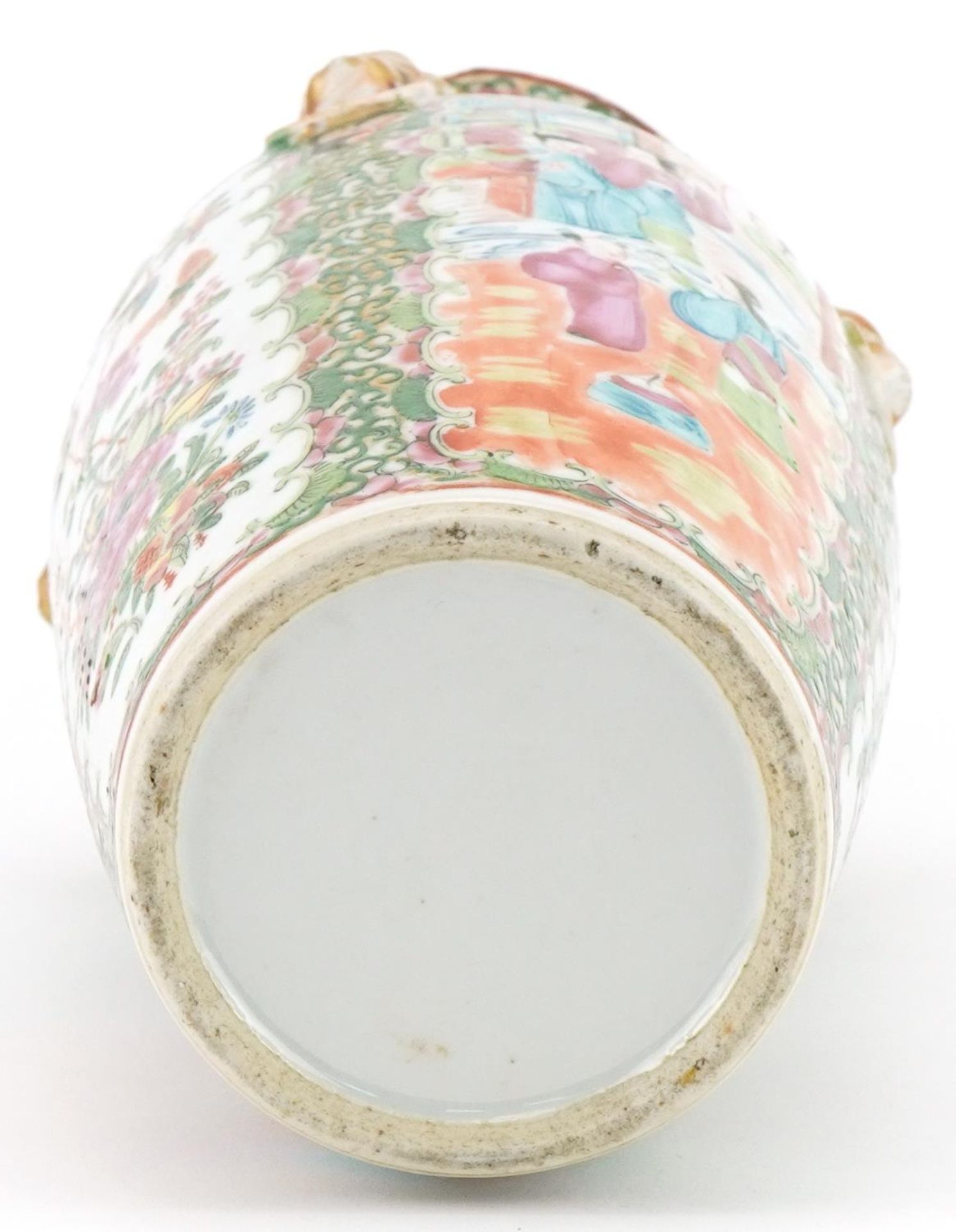 Chinese Canton porcelain vase with animalia ring turned handles hand painted with figures, birds and - Image 6 of 6