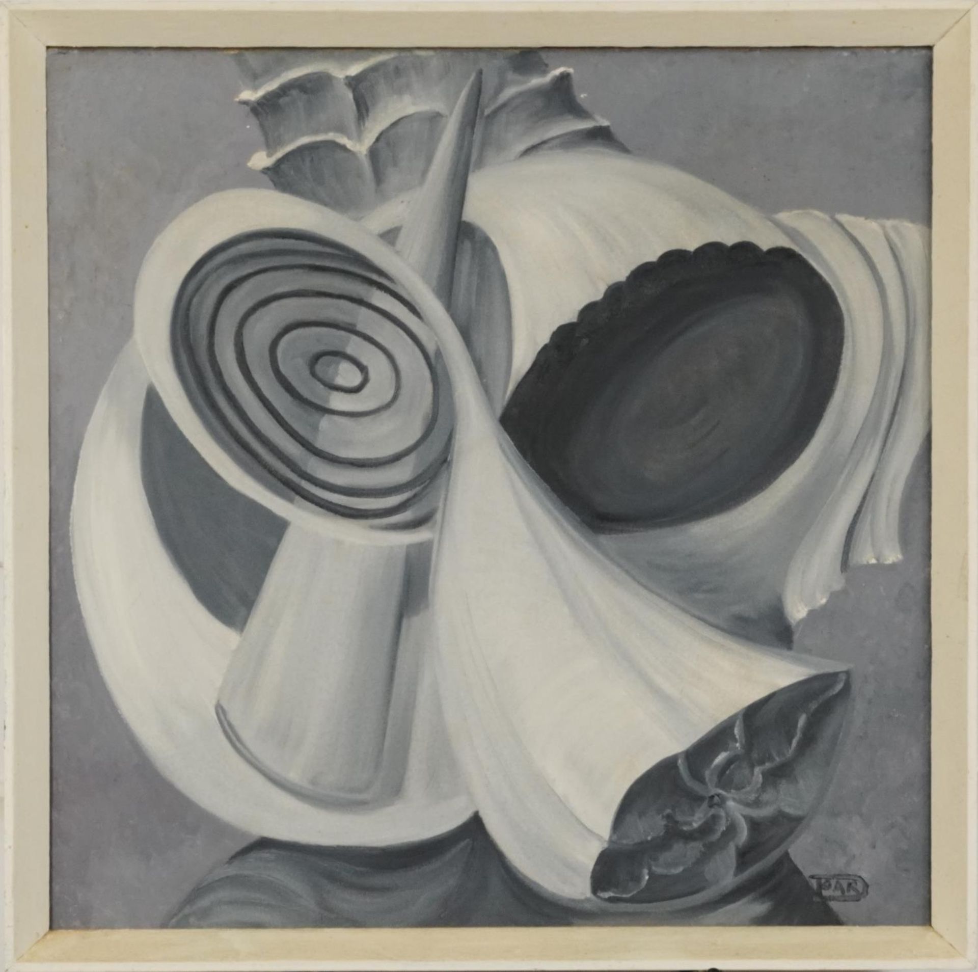 Abstract compositions, shells, pair of monochrome oil on canvasses, framed, each 49cm x 49cm - Image 3 of 9