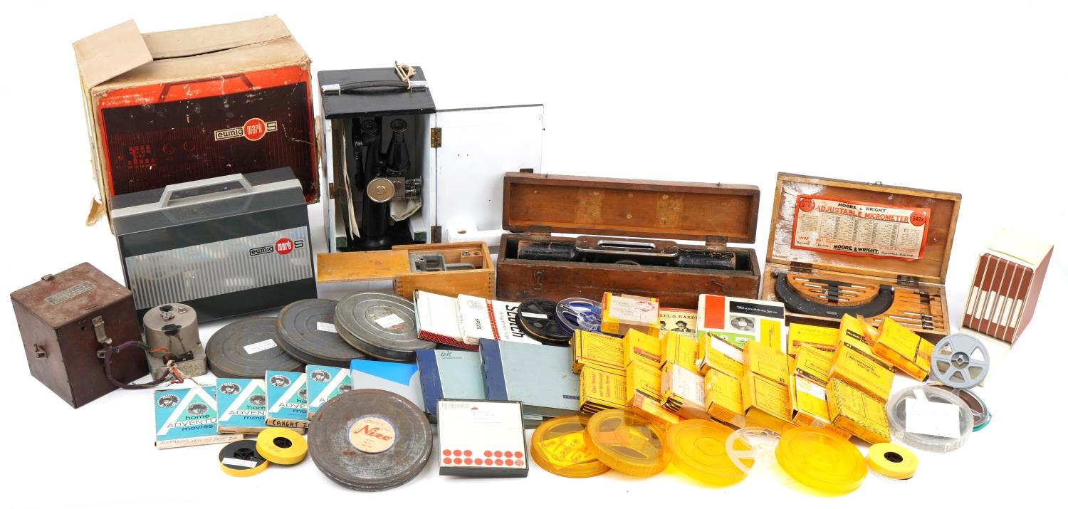 Collection of vintage and later tools, optical instruments, Eumig projector and reels including a