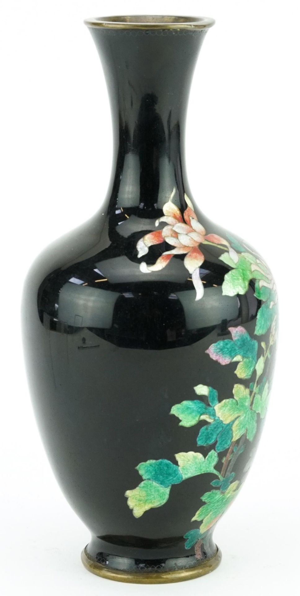 Japanese black ground cloisonne vase finely enamelled with flowers, 21.5cm high : For further - Image 4 of 5